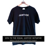 Local Honey 'JU$TICE' unisex graphic tshirt with head pressed silver metallic lettering