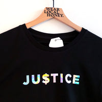 Local Honey 'JU$TICE' unisex graphic tshirt with head pressed silver metallic lettering