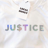 Local Honey 'JU$TICE' unisex graphic tshirt with head pressed silver metallic lettering