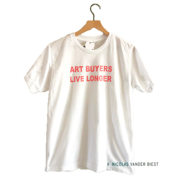 Local Honey graphic tshirt "ART BUYERS LIVE LONGER'  white with pink flocked lettering
