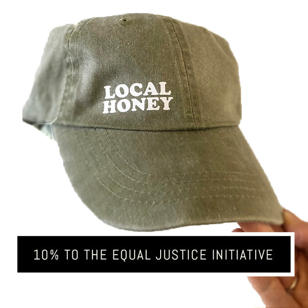 LOCAL HONEY dad hat with white vinyl lettering, off center, khaki color