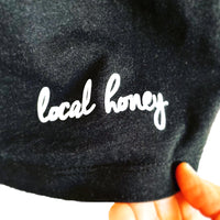 Local Honey Black Heather Relaxed Tshirt with heated pressed flock lettering in White