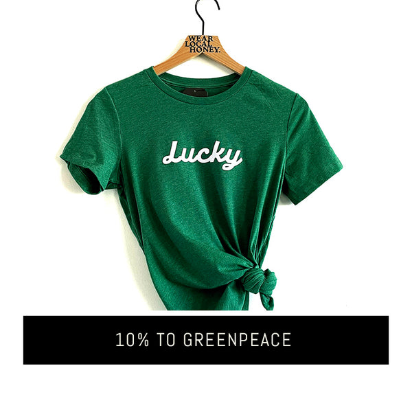 Local Honey "lucky' unisex tshirt, green heather with white flocked lettering