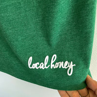 Local Honey "lucky' unisex tshirt, green heather with white flocked lettering - back detail