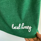 Local Honey "lucky' unisex tshirt, green heather with white flocked lettering - back detail