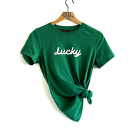 Local Honey "lucky' unisex tshirt, green heather with white flocked lettering