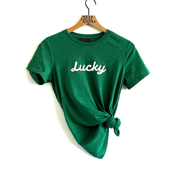 Local Honey "lucky' unisex tshirt, green heather with white flocked lettering