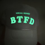 LOCAL HONEY BFTD TRUCKER HAT, White hat with GLOW IN THE DARK lettering