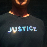 Local Honey 'JU$TICE' unisex graphic tshirt with head pressed silver metallic lettering