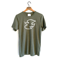 Local Honey tshirt with dove of peace graphic in white flock, on military green tshirt