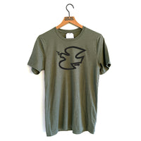 Local Honey tshirt with dove of peace graphic in black flock, on military green tshirt