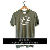 Local Honey dove of peace graphic in white flock, on military green tshirt
